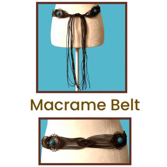 Boho Macrame belt dark brown with teal blue stones - Picture 1 of 3